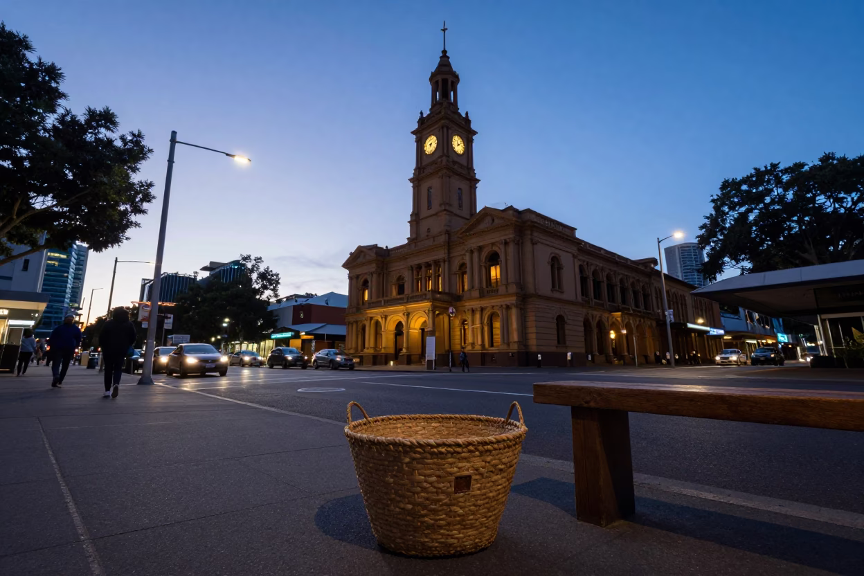 Twilight Street Scene in Adelaide South Australia with Woven Basket and Wooden Spoon in in Adelaide, South Australia, Australia