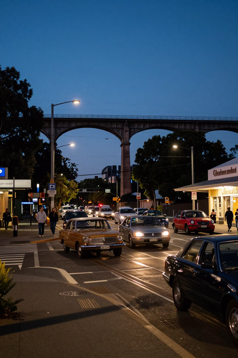 Twilight street scene in Adelaide with vintage cars and railway viaduct in background in in Adelaide, South Australia, Australia