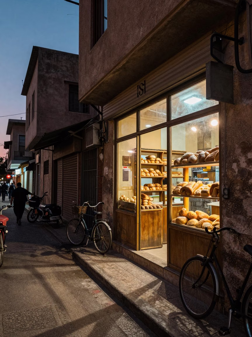 Twilight street scene in Alexandria Egypt with bicycle and bakery storefront in in Alexandria, Egypt