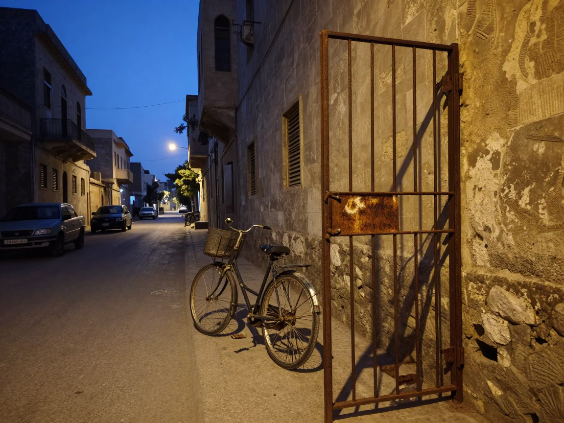 Twilight Street Scene in Alexandria Egypt with Bicycle and Rusty Doorframe in in Alexandria, Egypt