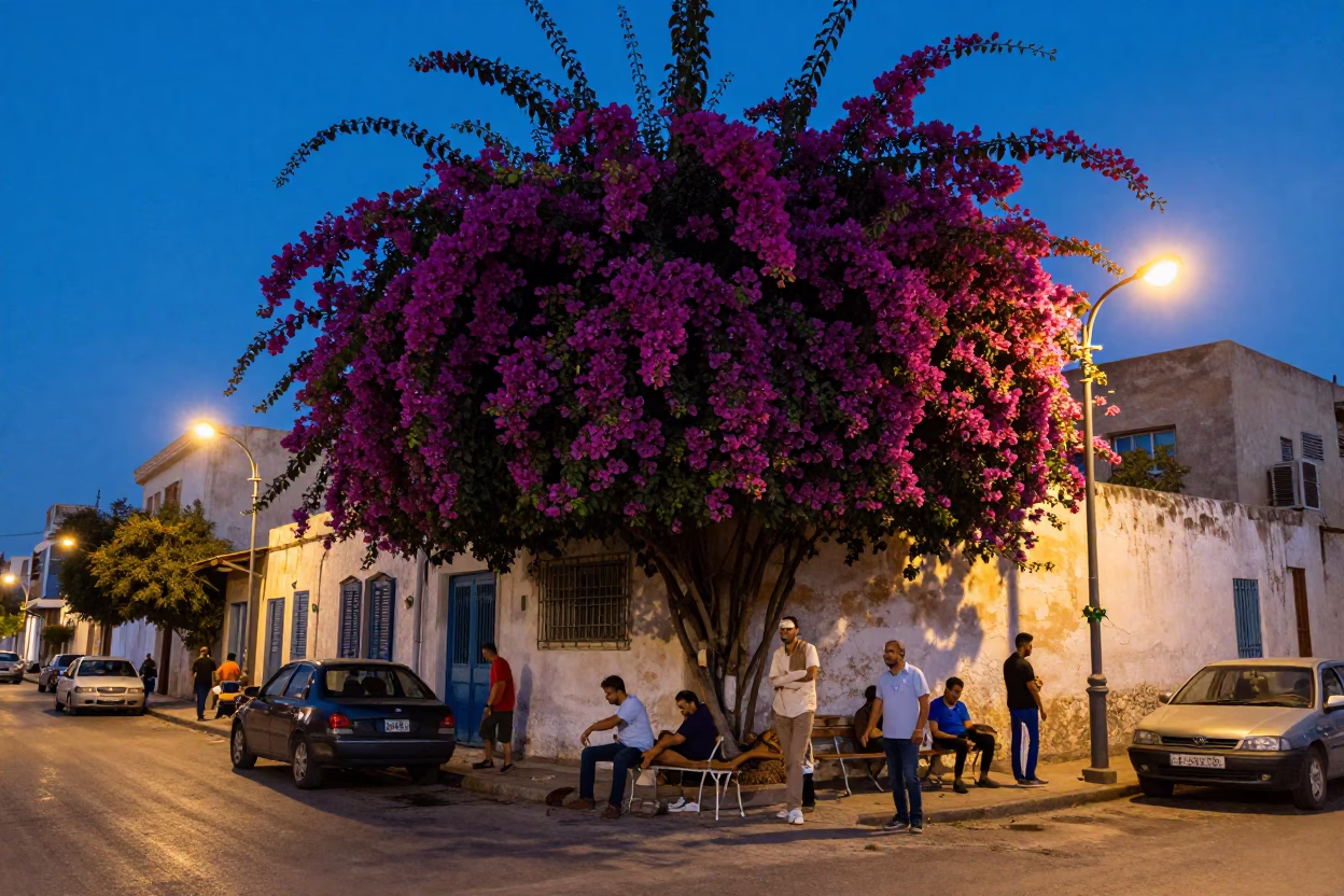 Twilight Street Scene in Alexandria Egypt with Bougainvillea and Daily Life in in Alexandria, Egypt