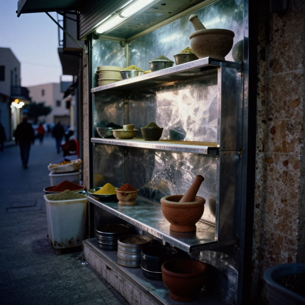 Twilight Street Scene in Alexandria Egypt with Brushed Steel Shelf and Mortar Pestle in in Alexandria, Egypt