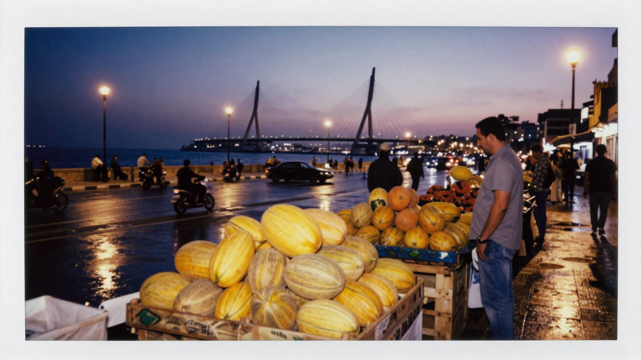 Twilight street scene in Alexandria Egypt with colorful melons and cable-stayed bridge in in Alexandria, Egypt