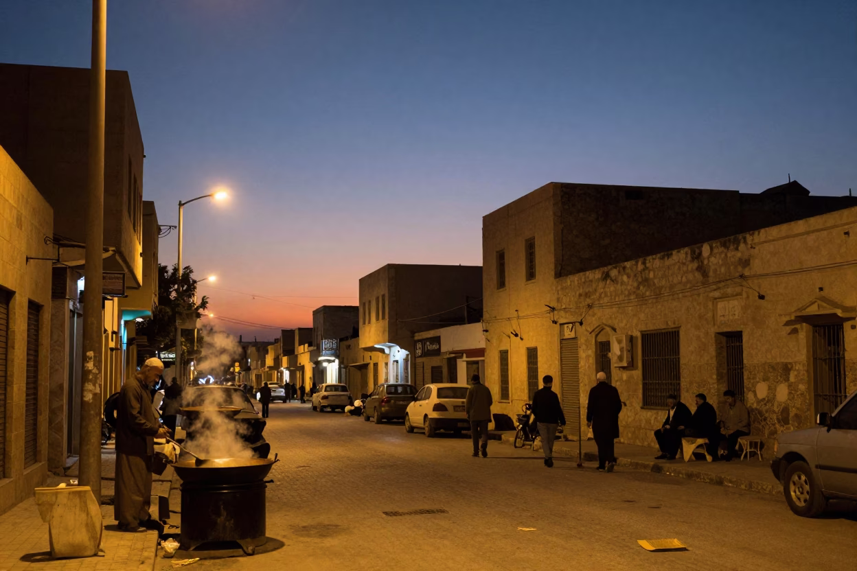 Twilight Street Scene in Alexandria Egypt with Cooking Pot and Traditional Architecture in in Alexandria, Egypt