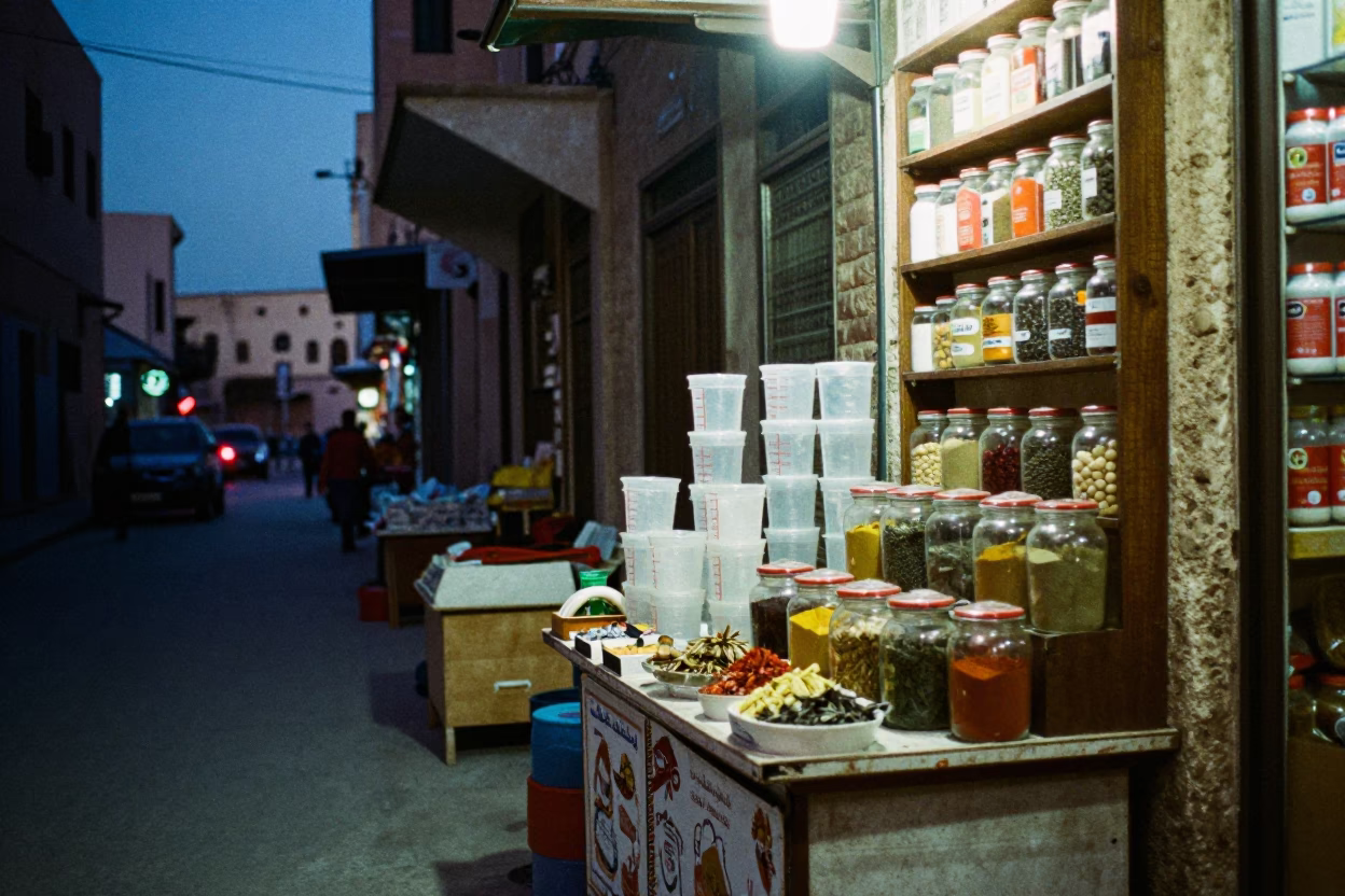 Twilight Street Scene in Alexandria Egypt with Local Shop Display and Pedestrians in in Alexandria, Egypt