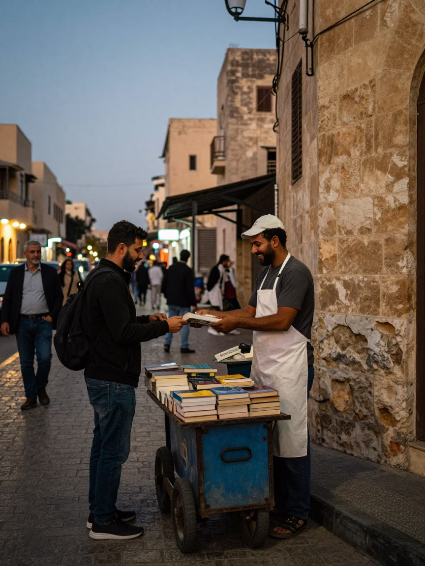 Twilight Street Scene in Alexandria Egypt with Local Vendor and Pedestrians in in Alexandria, Egypt