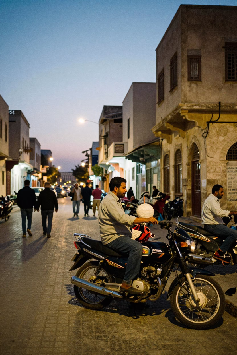 Twilight Street Scene in Alexandria Egypt with Local Vendor and Traditional Coat Brush in in Alexandria, Egypt