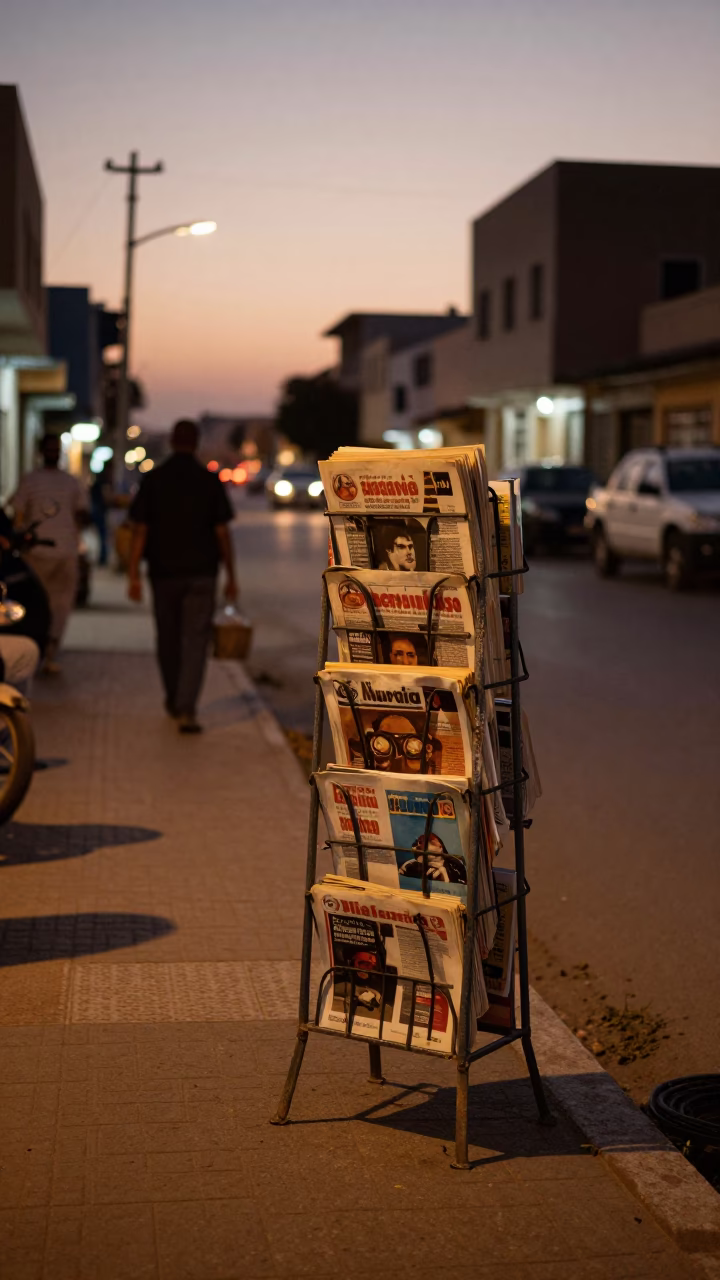 Twilight Street Scene in Alexandria Egypt with Magazine Rack and Serving Spoon in in Alexandria, Egypt