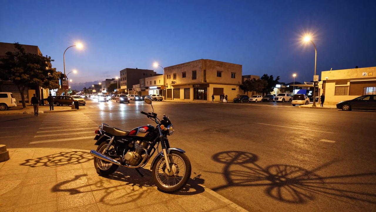 Twilight Street Scene in Alexandria Egypt with Motorcycles and Wicker Shadows in in Alexandria, Egypt