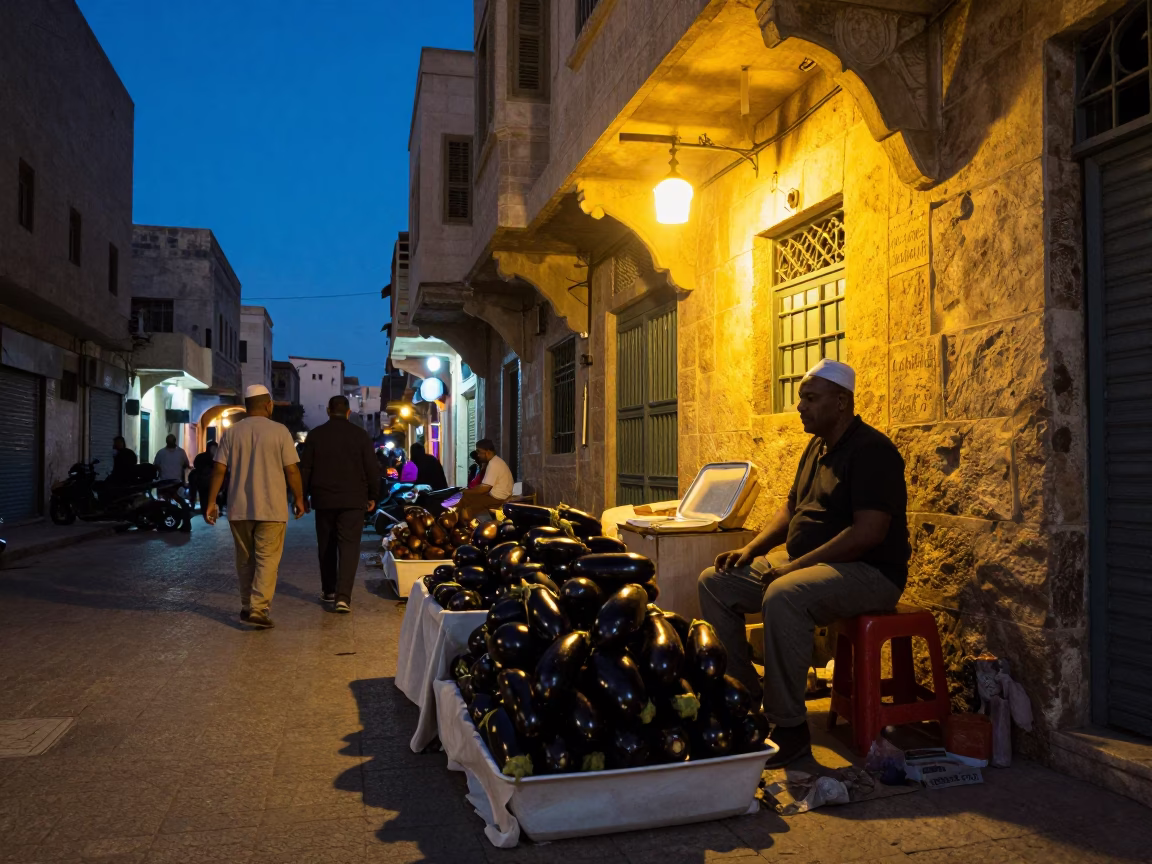 Twilight Street Scene in Alexandria Egypt with Plate of Imam Bayildi and Observing Tourist in in Alexandria, Egypt