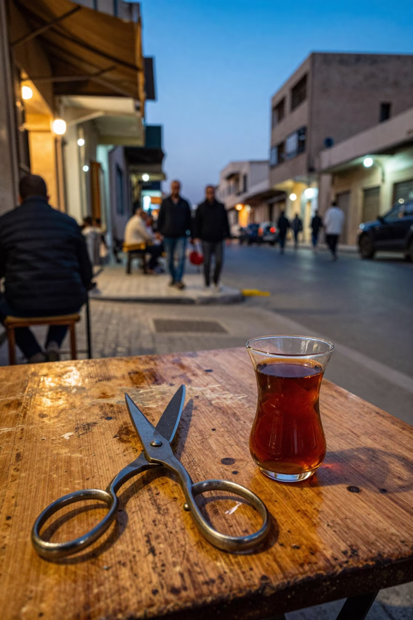 Twilight Street Scene in Alexandria Egypt with Tailor Shears and Glass Carafe in in Alexandria, Egypt
