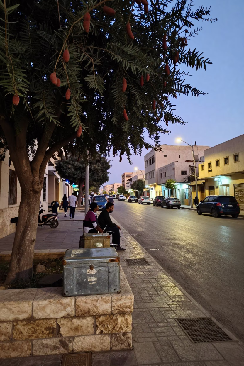Twilight Street Scene in Alexandria Egypt with Tamarind Tree and Tin Box in in Alexandria, Egypt
