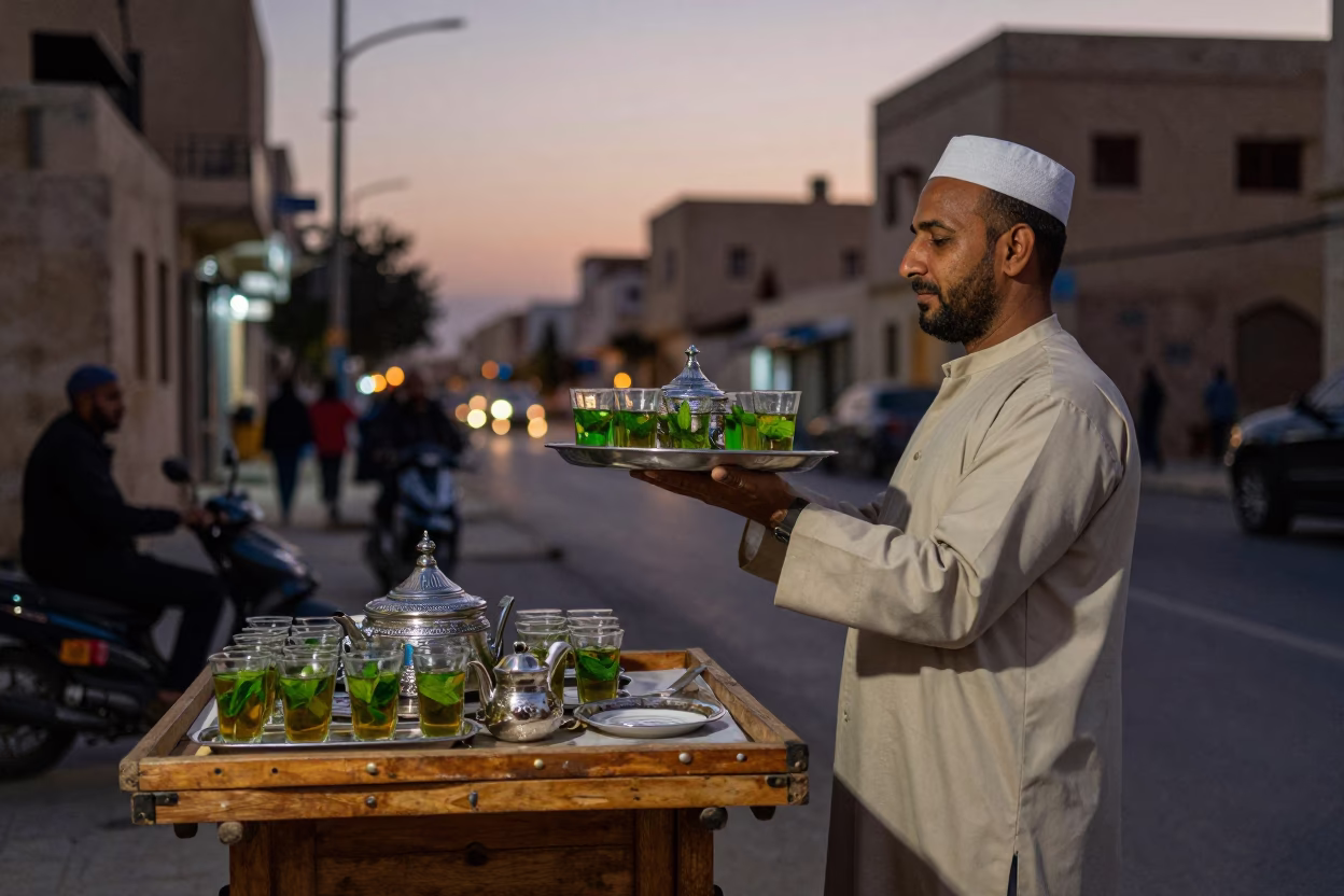 Twilight Street Scene in Alexandria Egypt with Tea Tray and Traditional Architecture in in Alexandria, Egypt