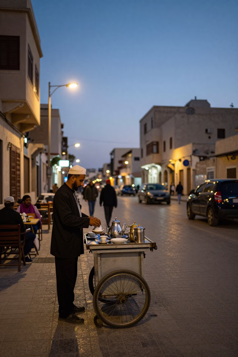 Twilight Street Scene in Alexandria Egypt with Traditional Tea Service and Local Architecture in in Alexandria, Egypt