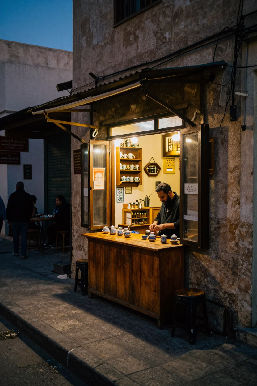 Twilight Street Scene in Alexandria Egypt with Traditional Tea Service and Local Interaction in in Alexandria, Egypt