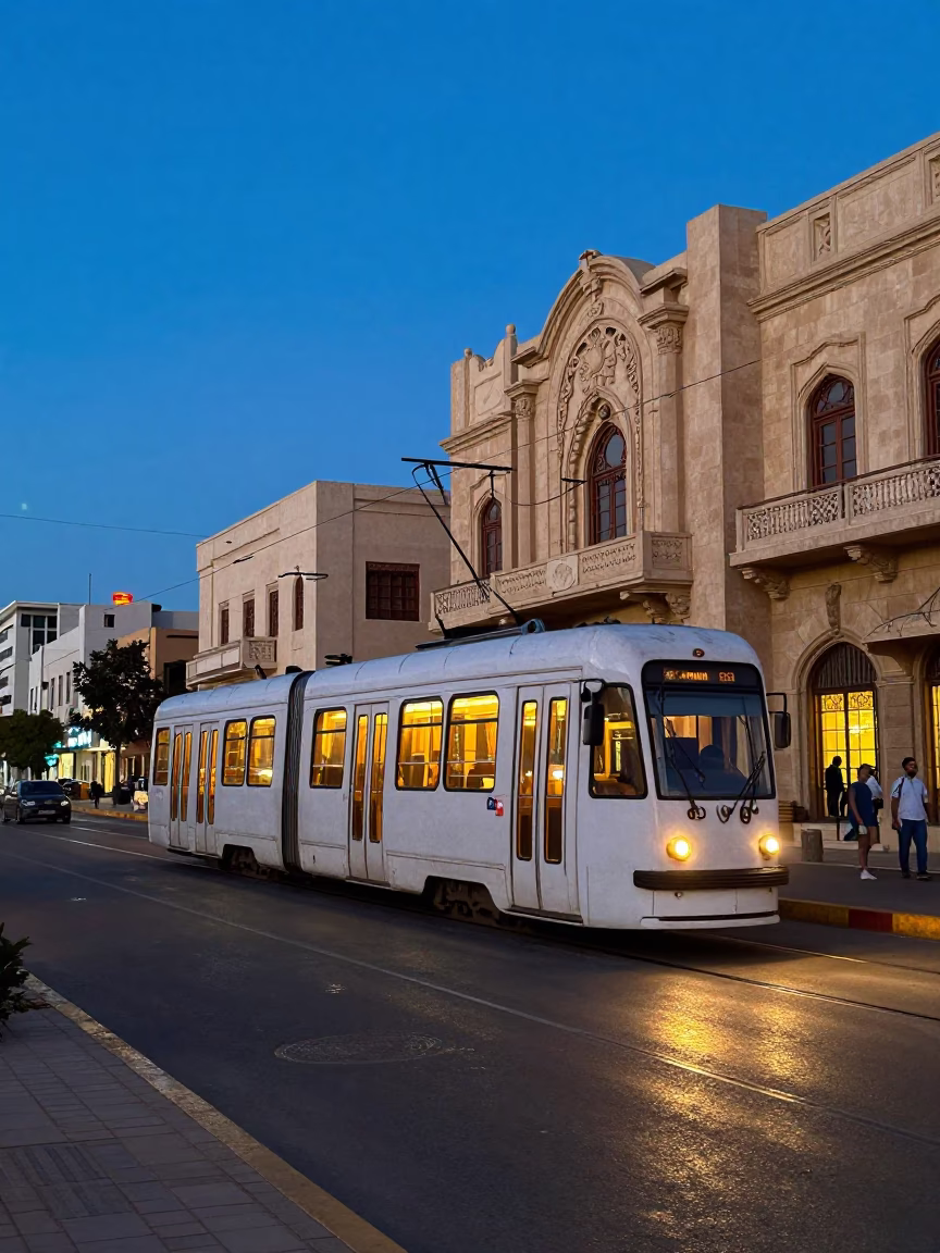 Twilight Street Scene in Alexandria Egypt with Tram and Architectural Details in in Alexandria, Egypt