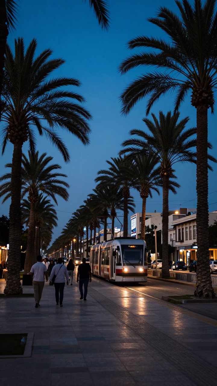 Twilight Street Scene in Alexandria Egypt With Tramcar on Tree Lined Boulevard in in Alexandria, Egypt