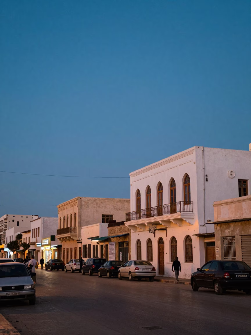 Twilight Street Scene in Alexandria Egypt with Vintage 1950s Architecture and Local Life in in Alexandria, Egypt