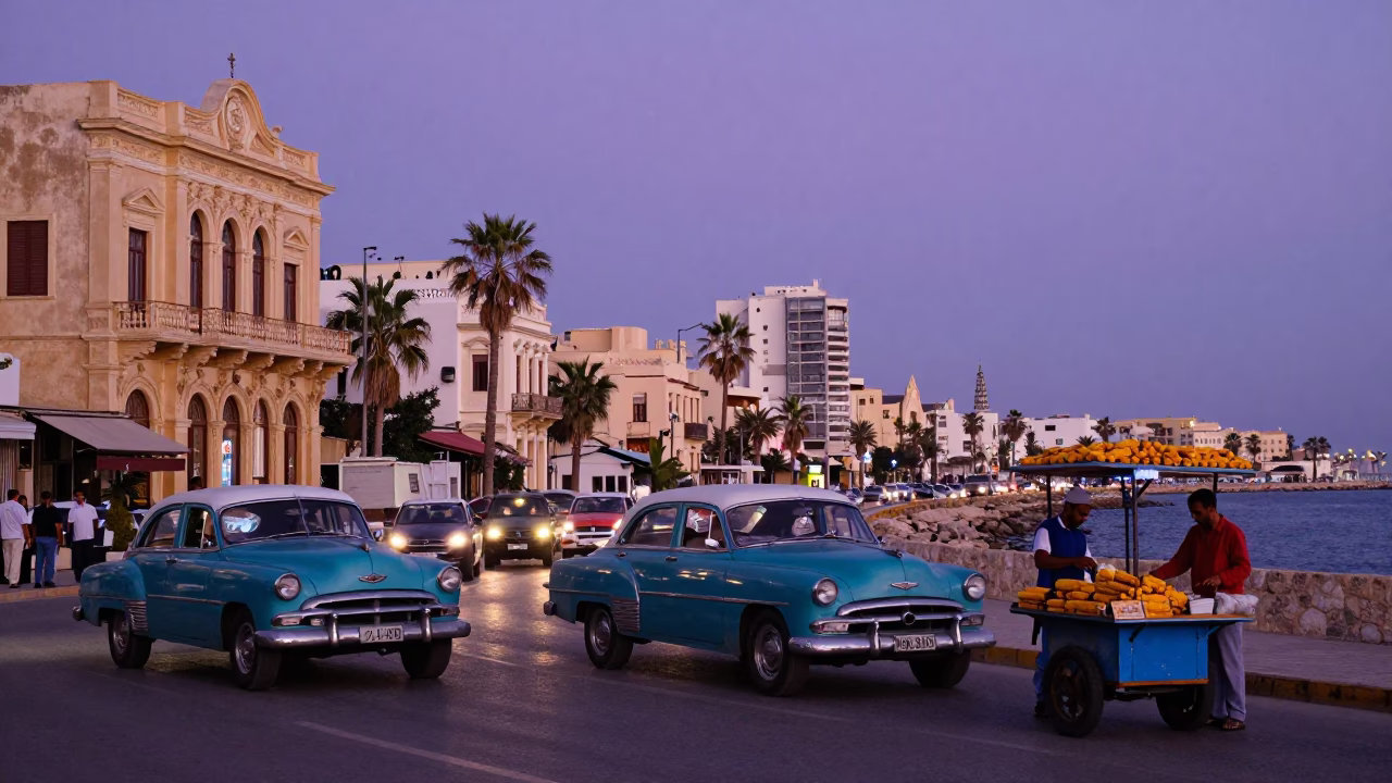 Twilight Street Scene in Alexandria Egypt with Vintage Cars and Local Life in in Alexandria, Egypt