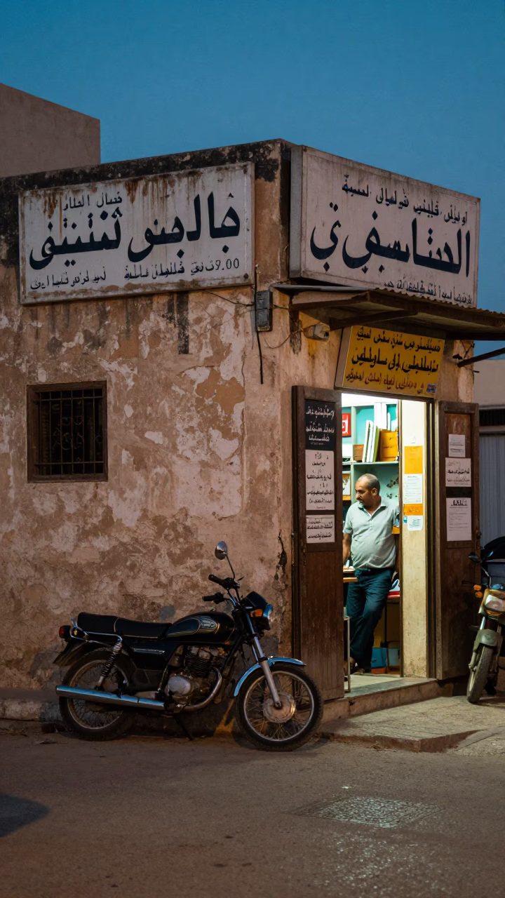 Twilight Street Scene in Alexandria Egypt with Vintage Motorcycle and Local Shopkeeper in in Alexandria, Egypt