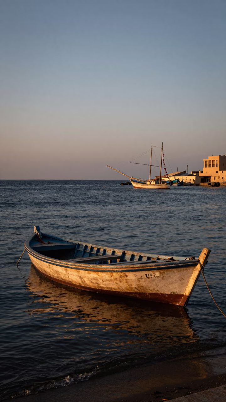 Twilight Street Scene in Alexandria Egypt with Wooden Fishing Boat and Geraniums in in Alexandria, Egypt