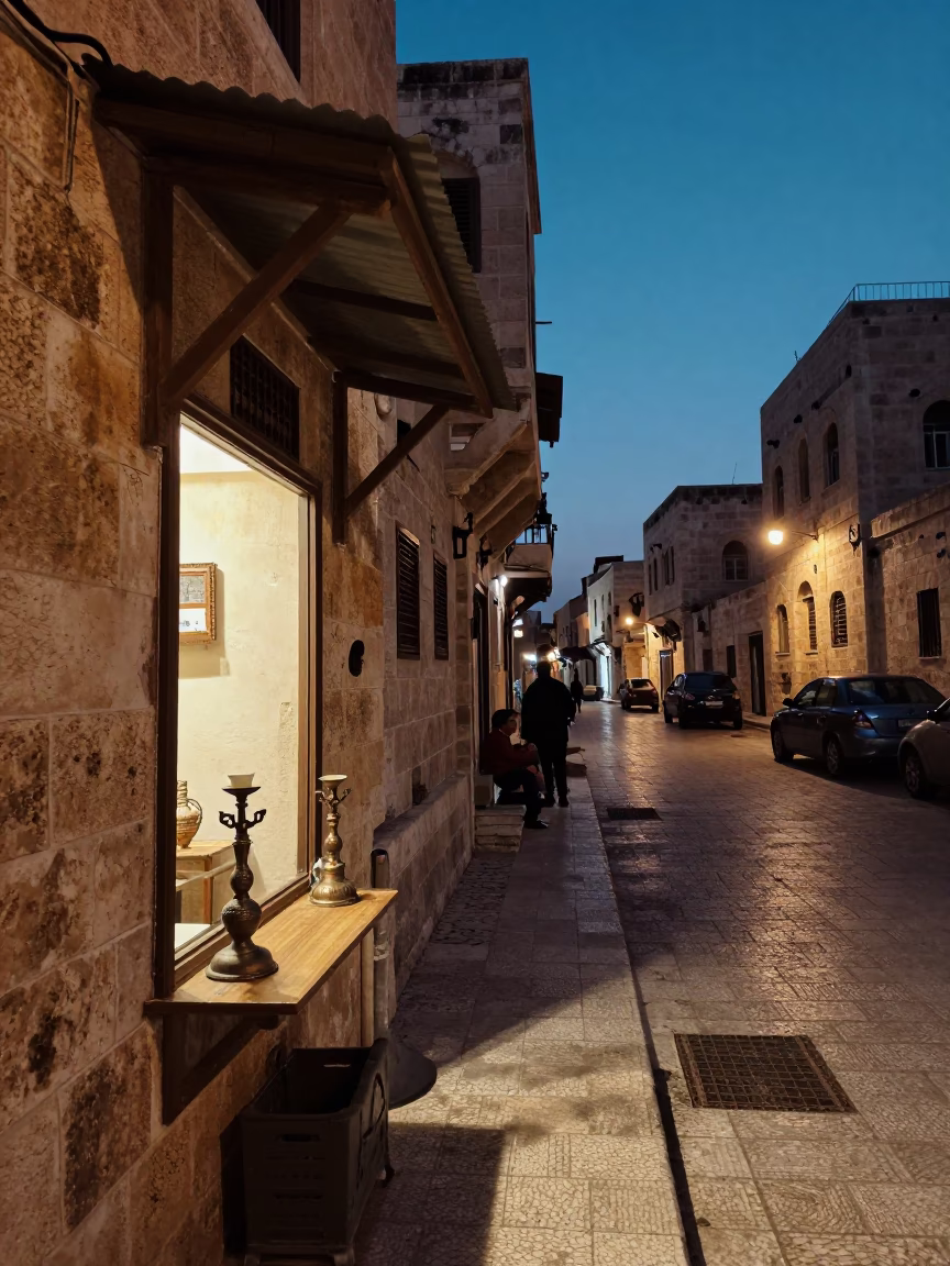Twilight Street Scene in Amman Jordan with Candle Holder and Local Architecture in in Amman, Jordan