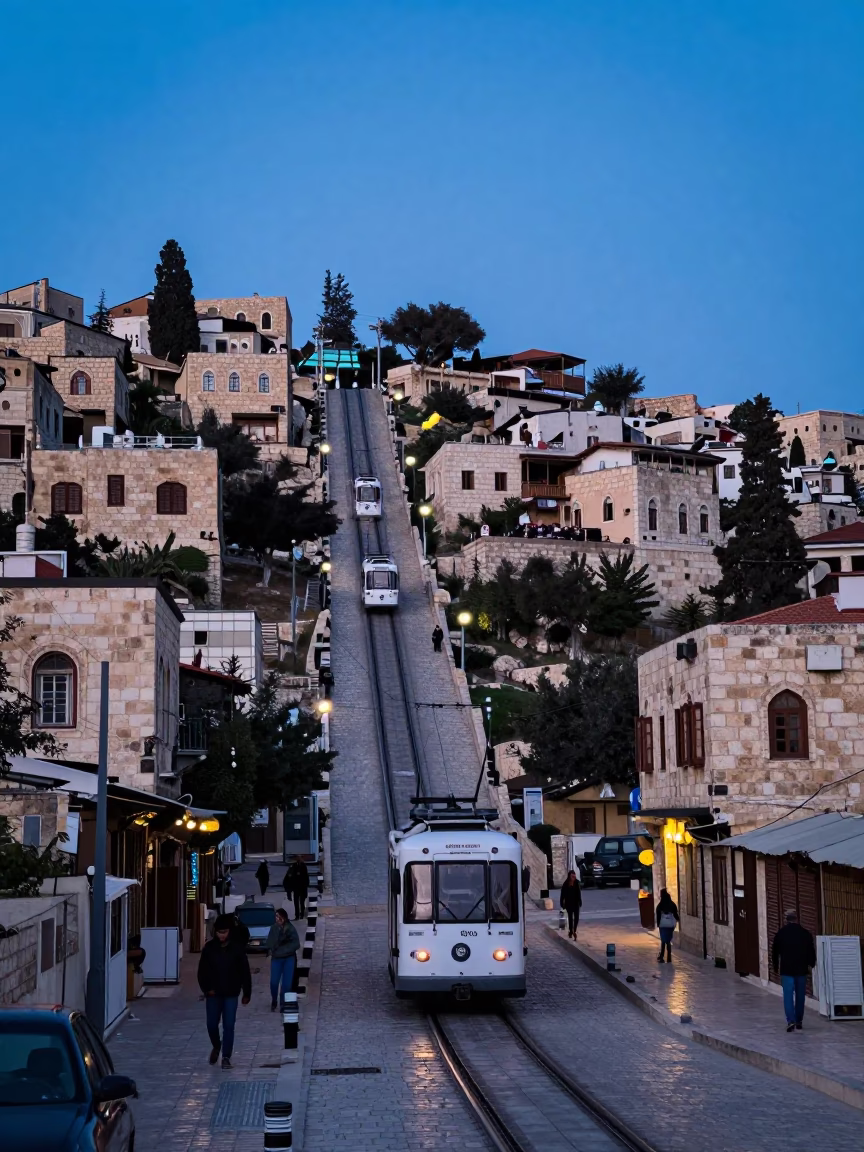 Twilight Street Scene in Amman Jordan with Funicular Railway and Local Life in in Amman, Jordan