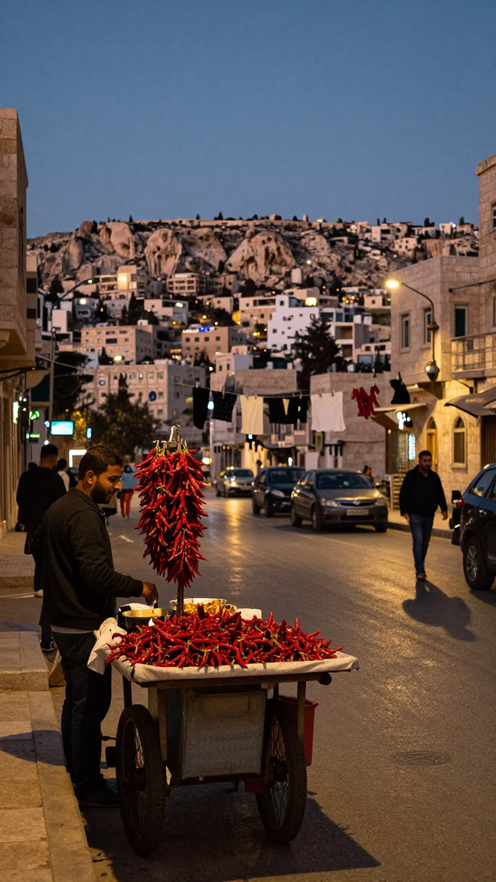 Twilight Street Scene in Amman Jordan with Laundry Pins and Chili Peppers in in Amman, Jordan