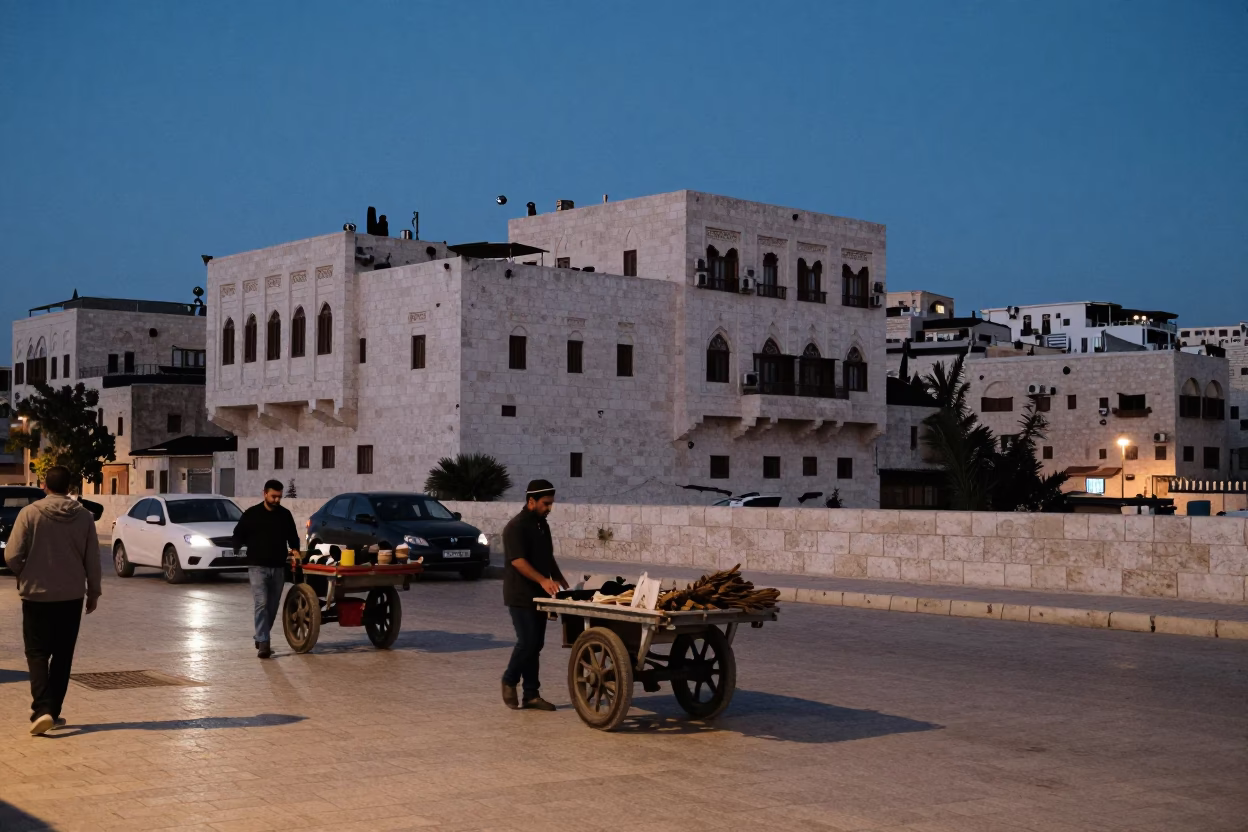 Twilight Street Scene in Amman Jordan with Rolling Carts and Urban Architecture in in Amman, Jordan