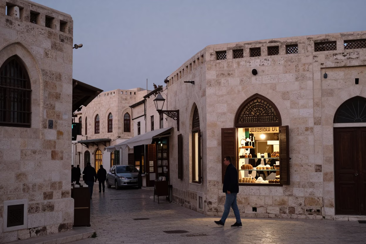 Twilight Street Scene in Amman Jordan with Stone Architecture and Local Life in in Amman, Jordan
