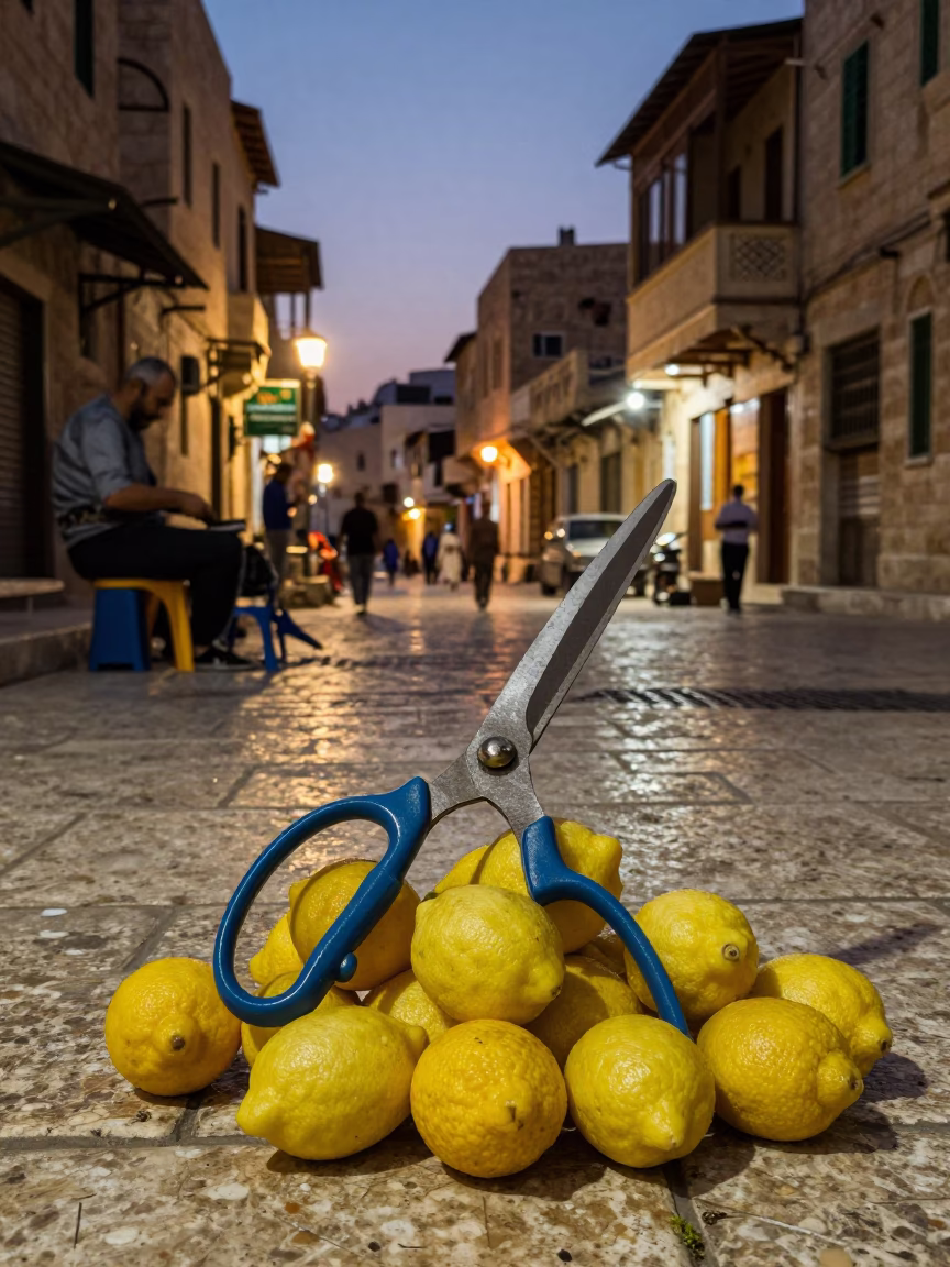 Twilight Street Scene in Amman Jordan with Tailor Shears and Lemons in in Amman, Jordan