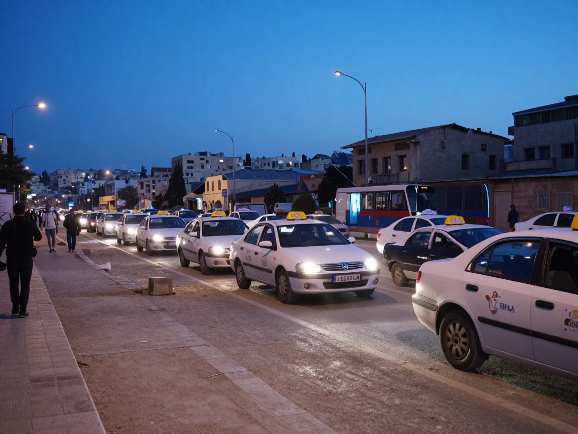 Twilight Street Scene in Amman Jordan with Taxi Rank and Evening Light in in Amman, Jordan