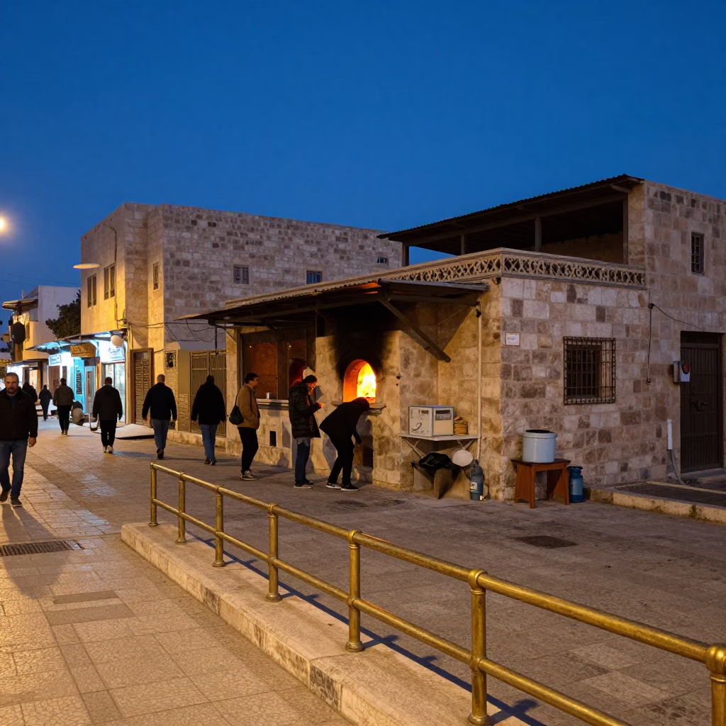 Twilight Street Scene in Amman Jordan with Traditional Bread Oven and Brass Rail in in Amman, Jordan