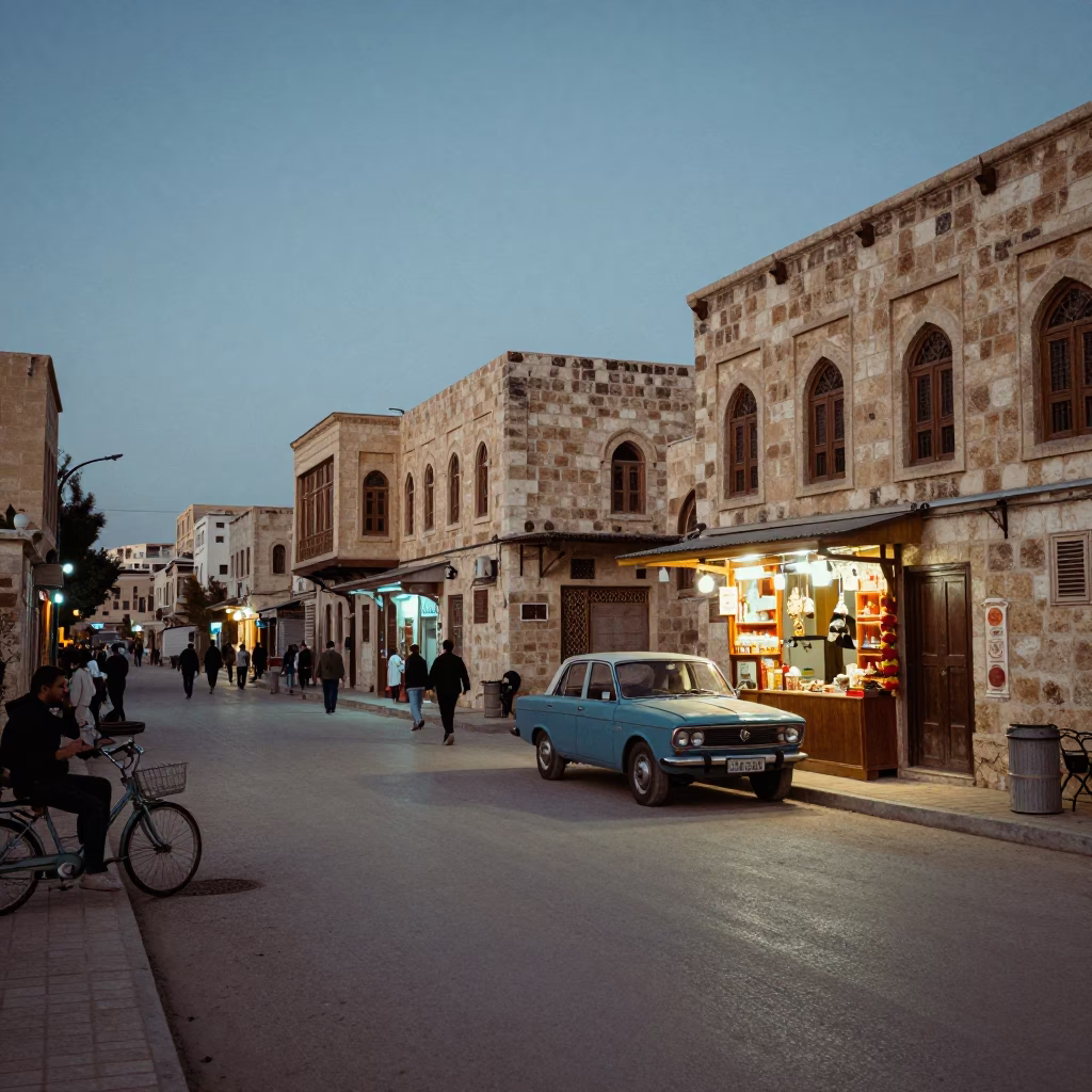 Twilight Street Scene in Amman Jordan with Vintage 1970s Aesthetic and Local Life in in Amman, Jordan