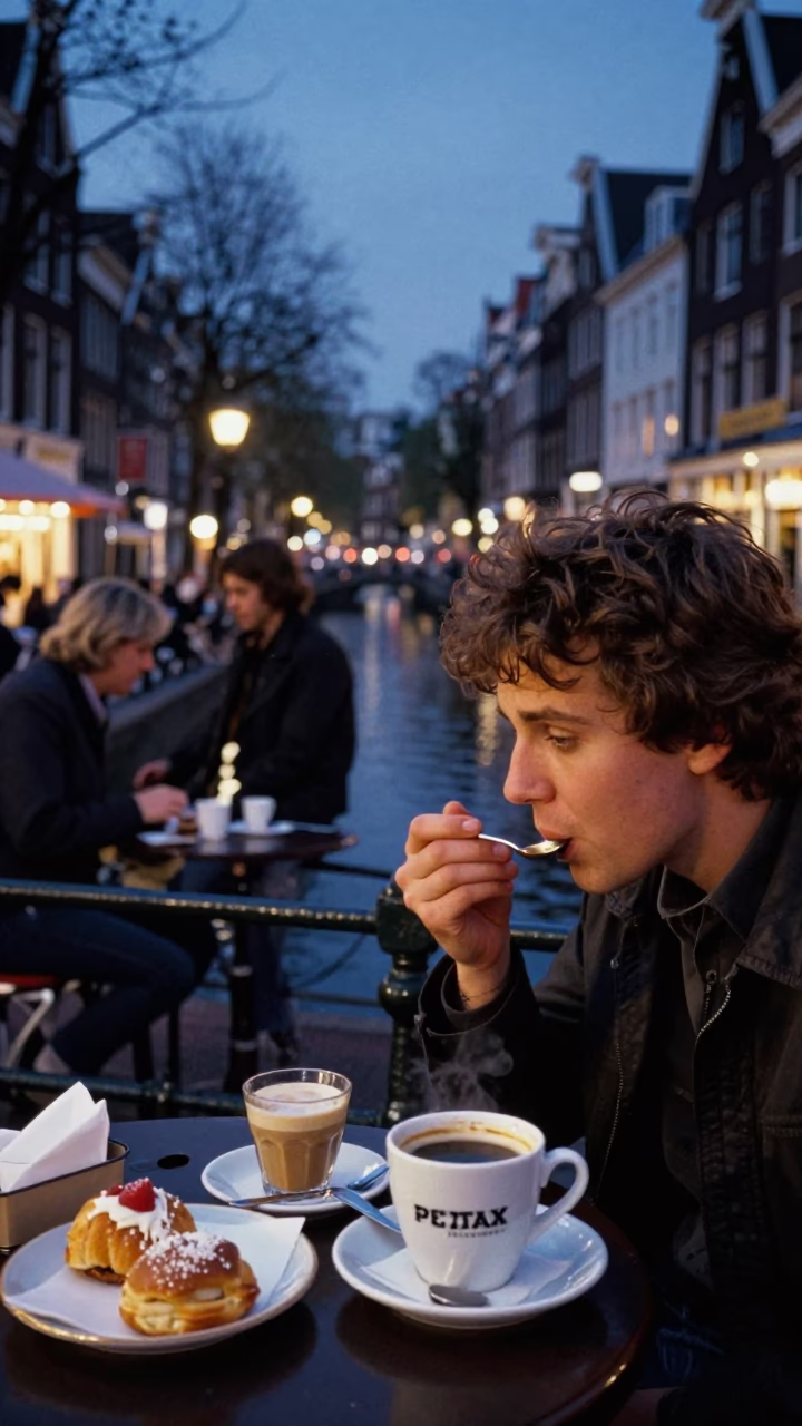 Twilight Street Scene in Amsterdam Netherlands with Pastries and Coffee Cupper in in Amsterdam, Netherlands