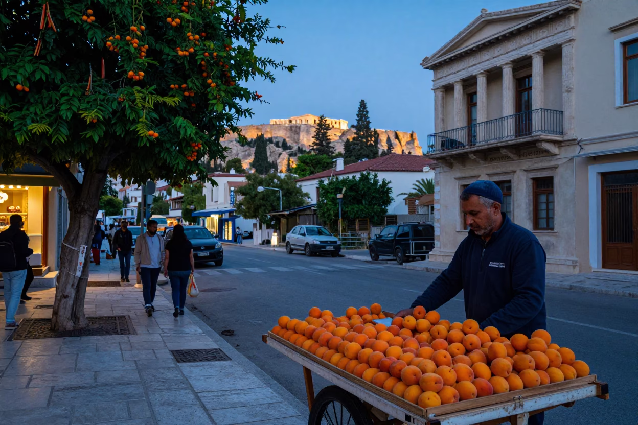 Twilight Street Scene in Athens Greece with Apricots and Tamarind Tree in in Athens, Greece