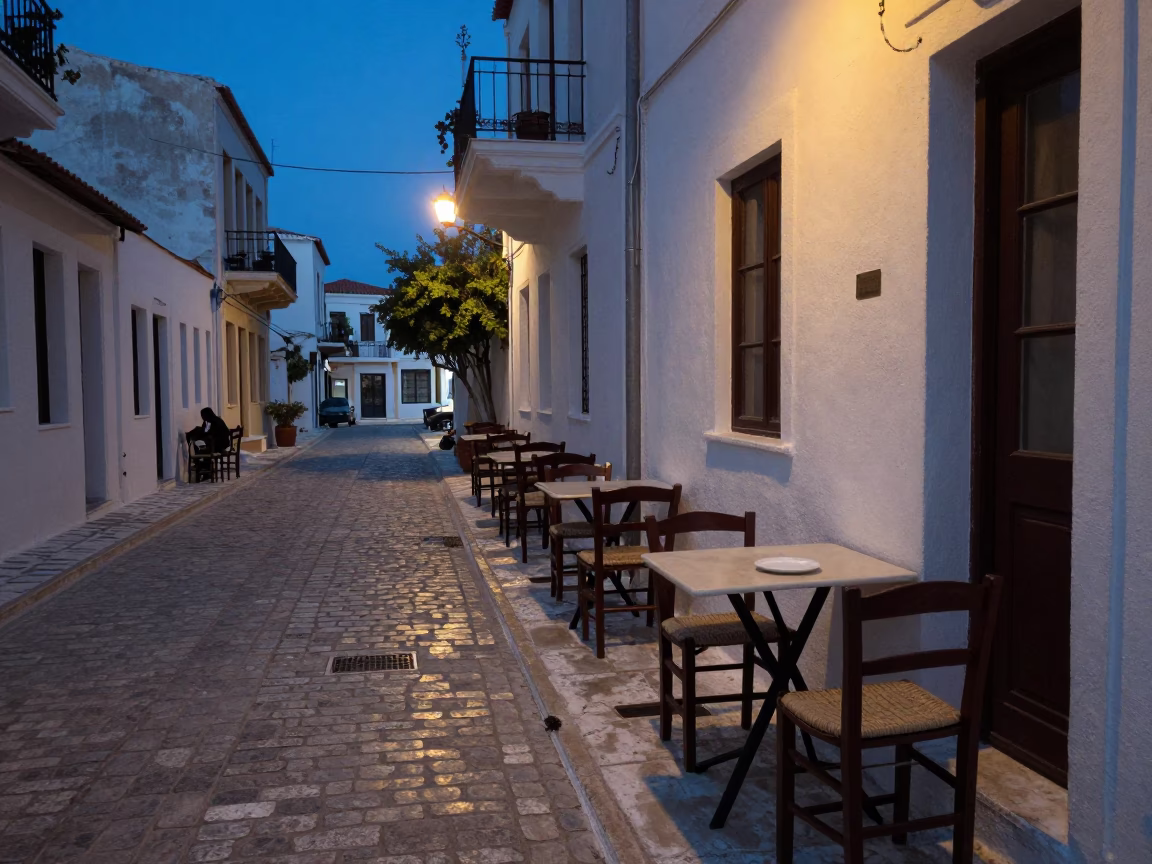 Twilight Street Scene in Athens Greece with Cobblestones and Cafe Table in in Athens, Greece