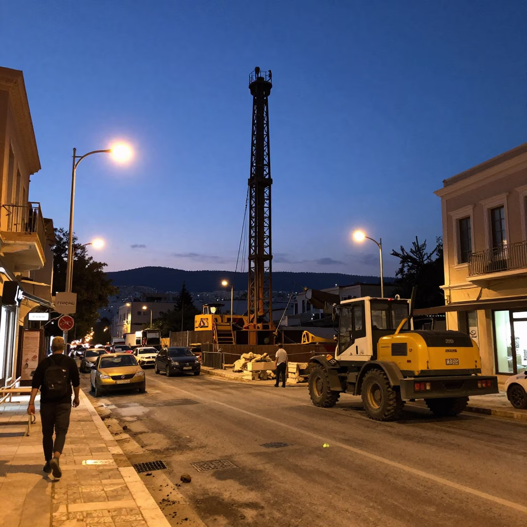 Twilight Street Scene in Athens Greece with Construction Pile Driver and Sweet Pea Trellis in in Athens, Greece