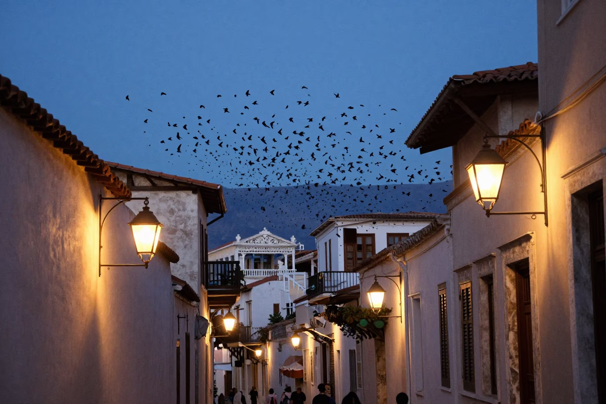 Twilight Street Scene in Athens Greece with Lantern Lit Alley and Flock of Starlings in in Athens, Greece