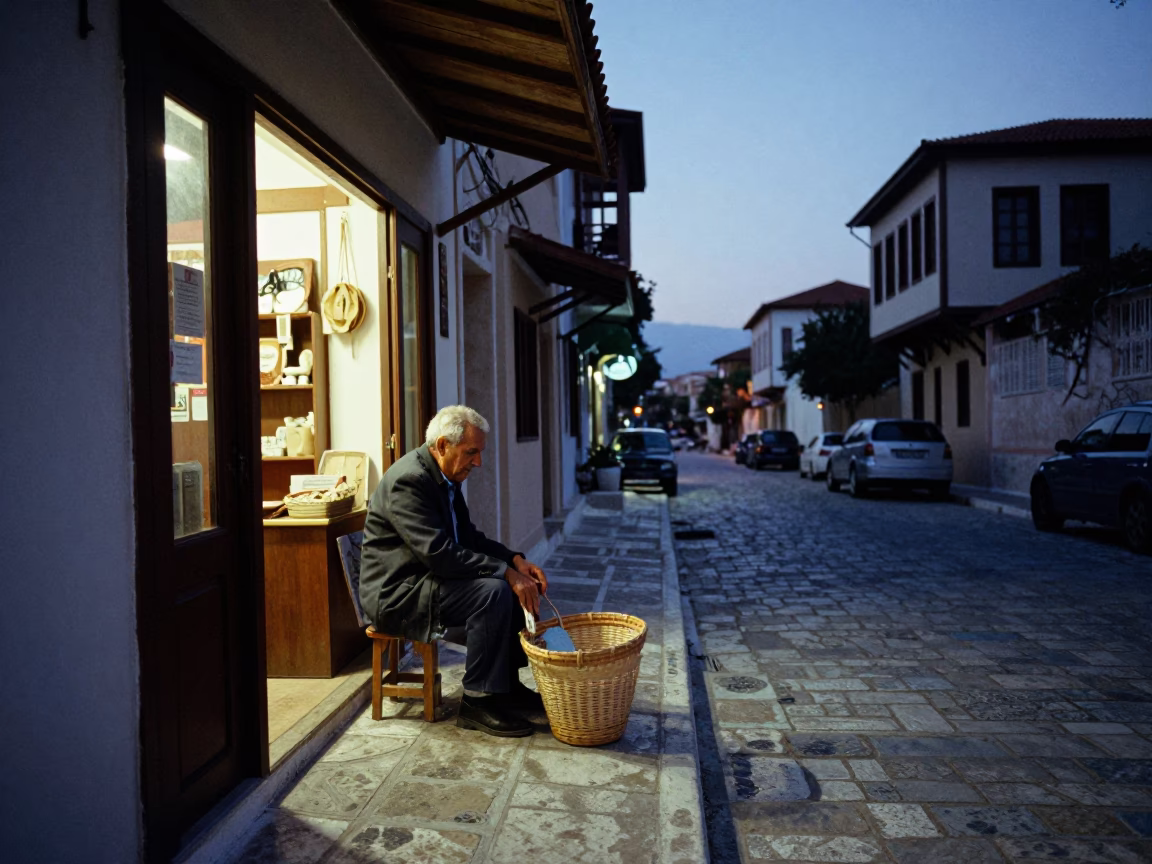 Twilight street scene in Athens Greece with mending basket and local interaction in in Athens, Greece