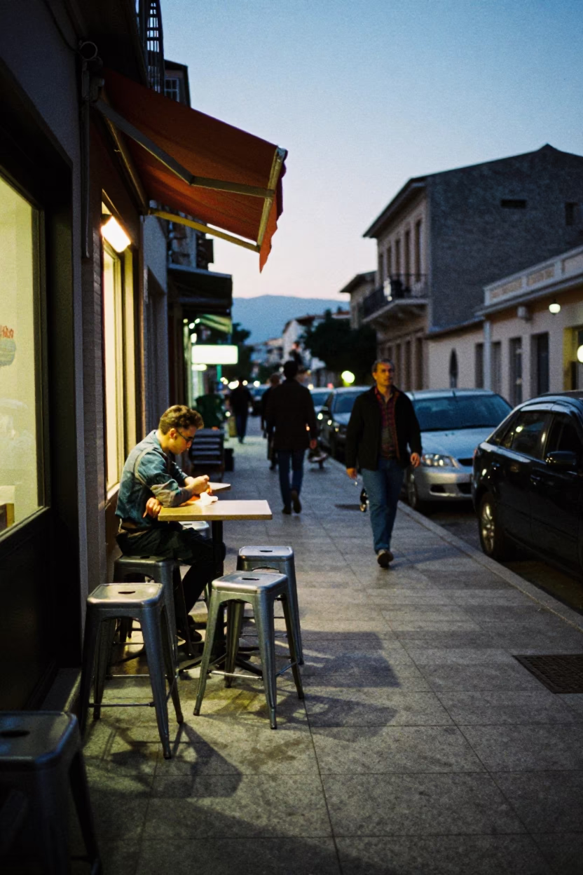 Twilight Street Scene in Athens Greece with Metal Stools and Urban Activity in in Athens, Greece