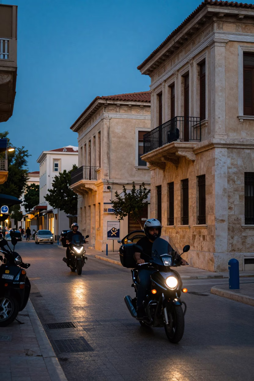Twilight Street Scene in Athens Greece with Motorcycle and Urban Details in in Athens, Greece