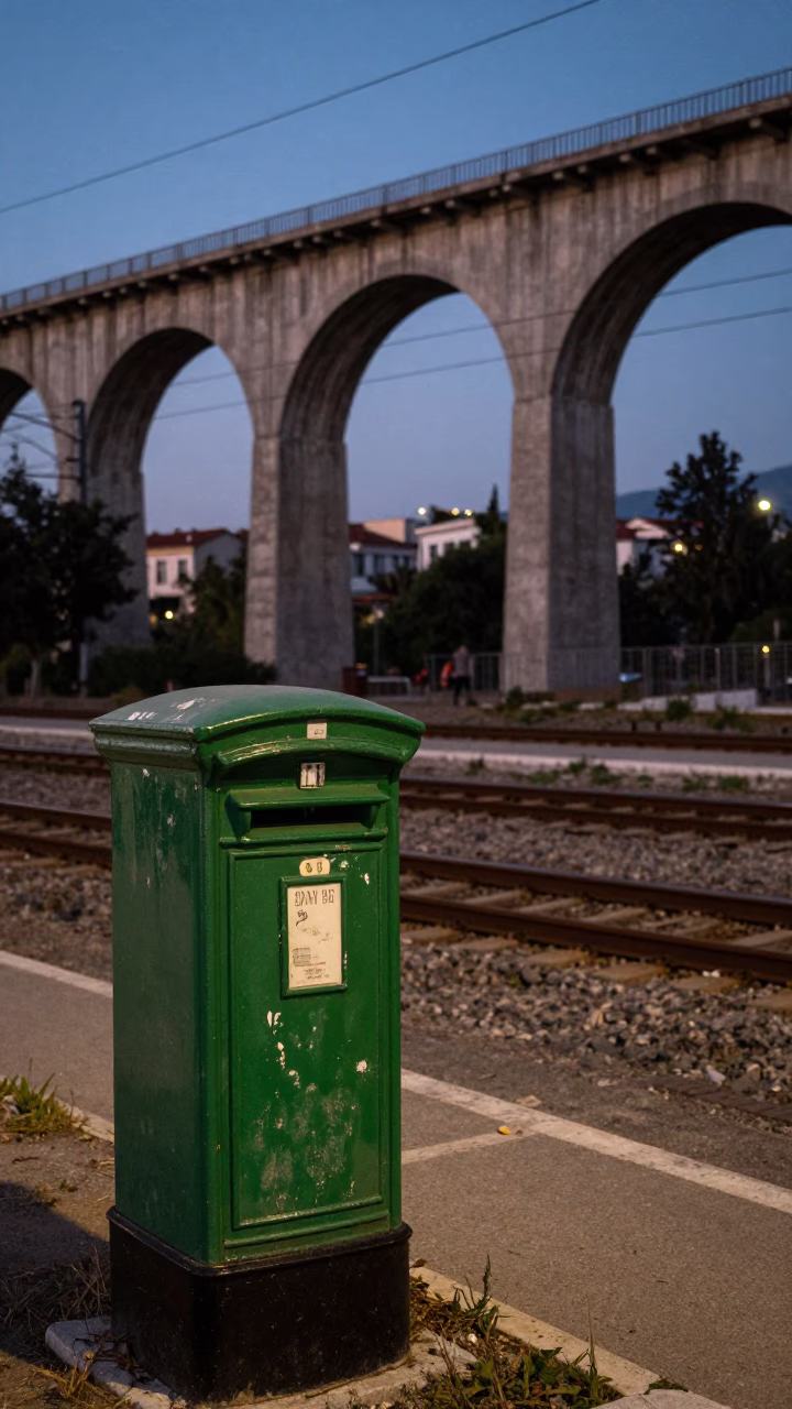 Twilight Street Scene in Athens Greece with Old Mailbox and Railway Viaduct in in Athens, Greece