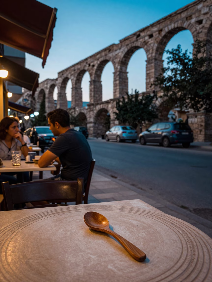 Twilight Street Scene in Athens Greece with Olive Wood Spoon and Hydrangeas in in Athens, Greece