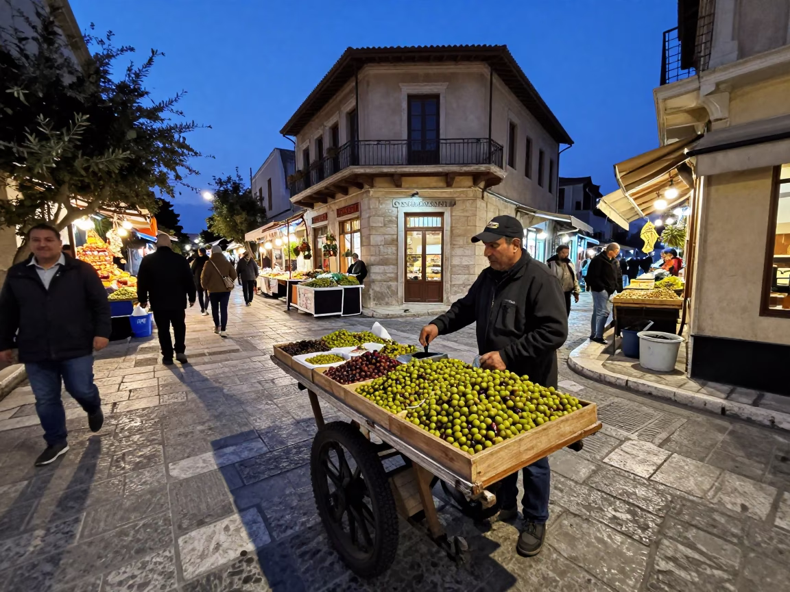 Twilight Street Scene in Athens Greece with Olives and Market Activity in in Athens, Greece