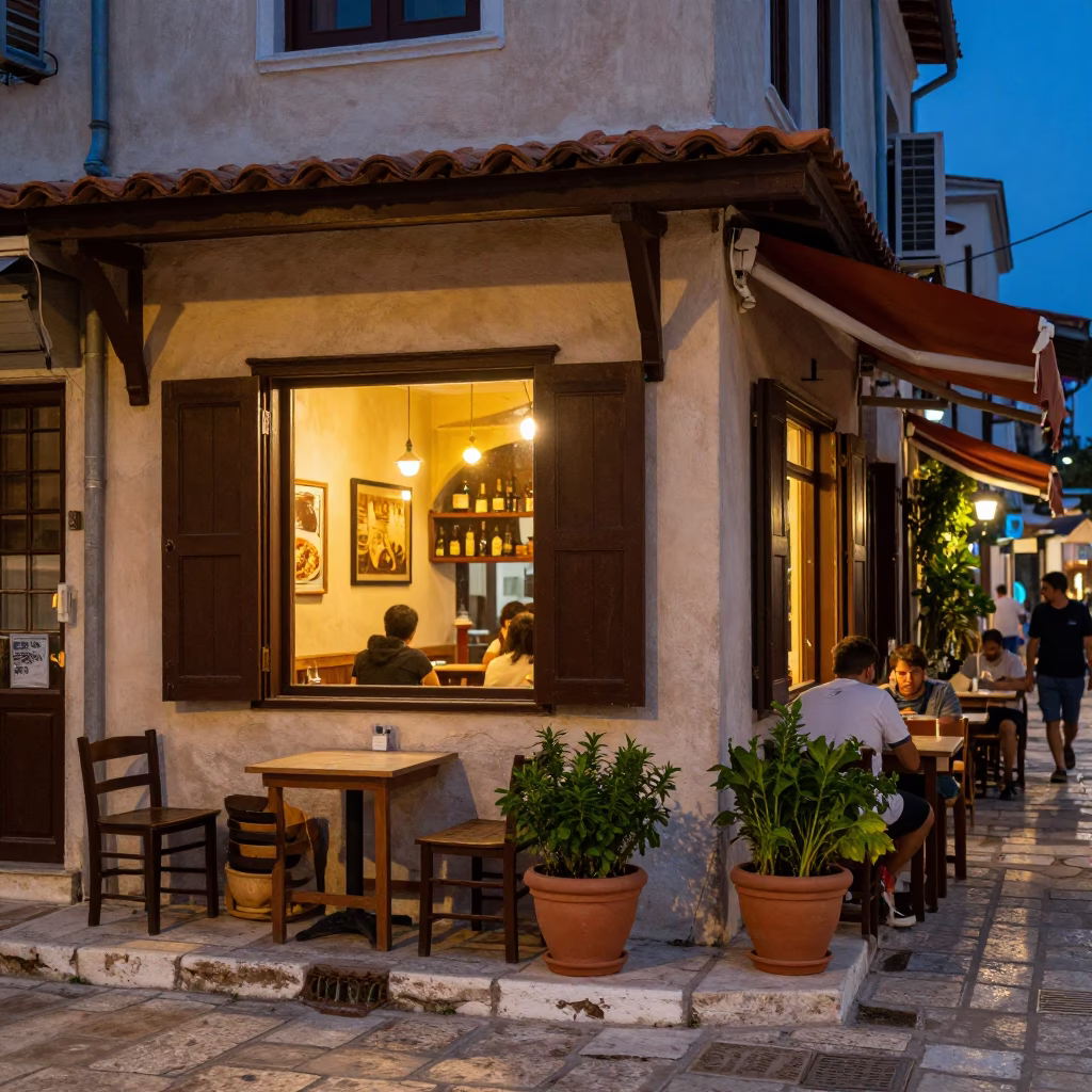 Twilight Street Scene in Athens Greece with Potted Herbs and Clay Pot in in Athens, Greece