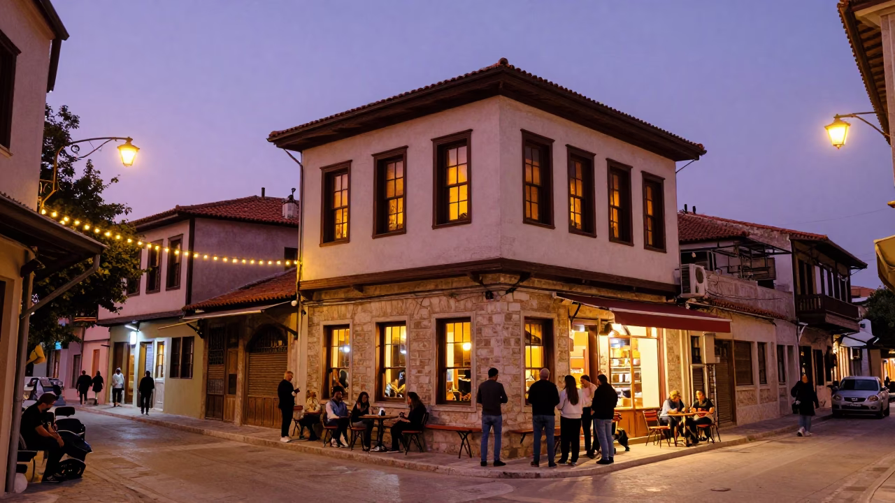 Twilight Street Scene in Athens Greece with String Lights and Traditional Architecture in in Athens, Greece