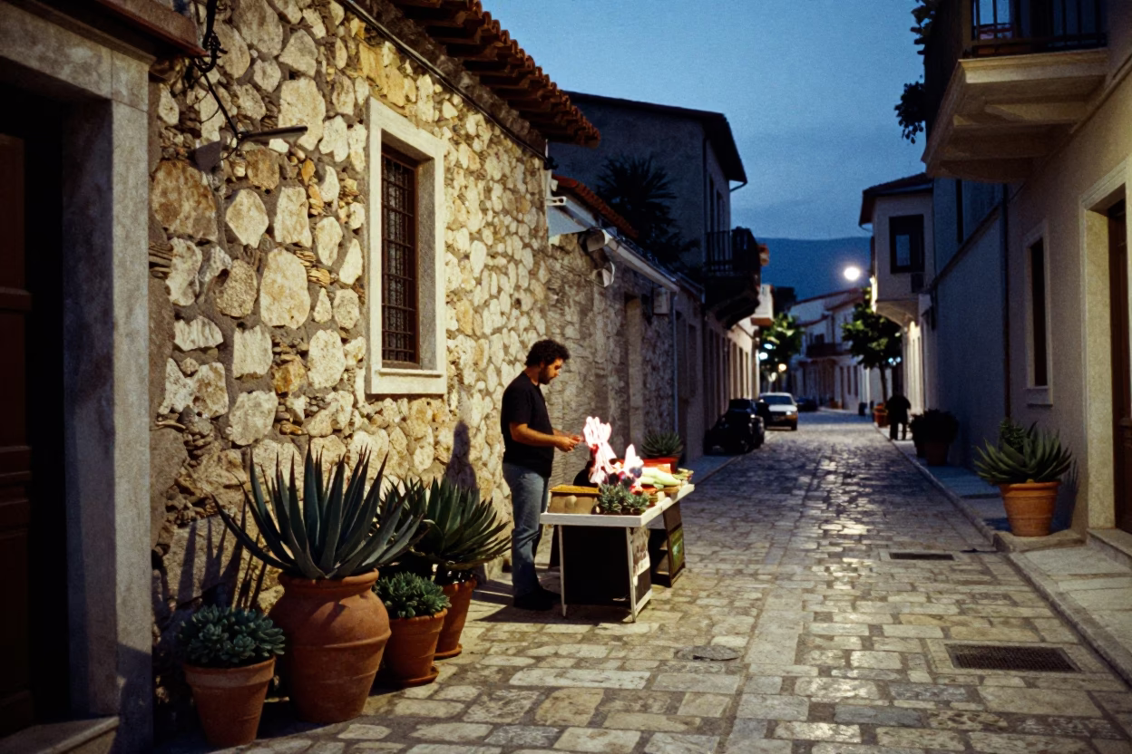 Twilight street scene in Athens Greece with terracotta pots and succulents near historic ruins in in Athens, Greece