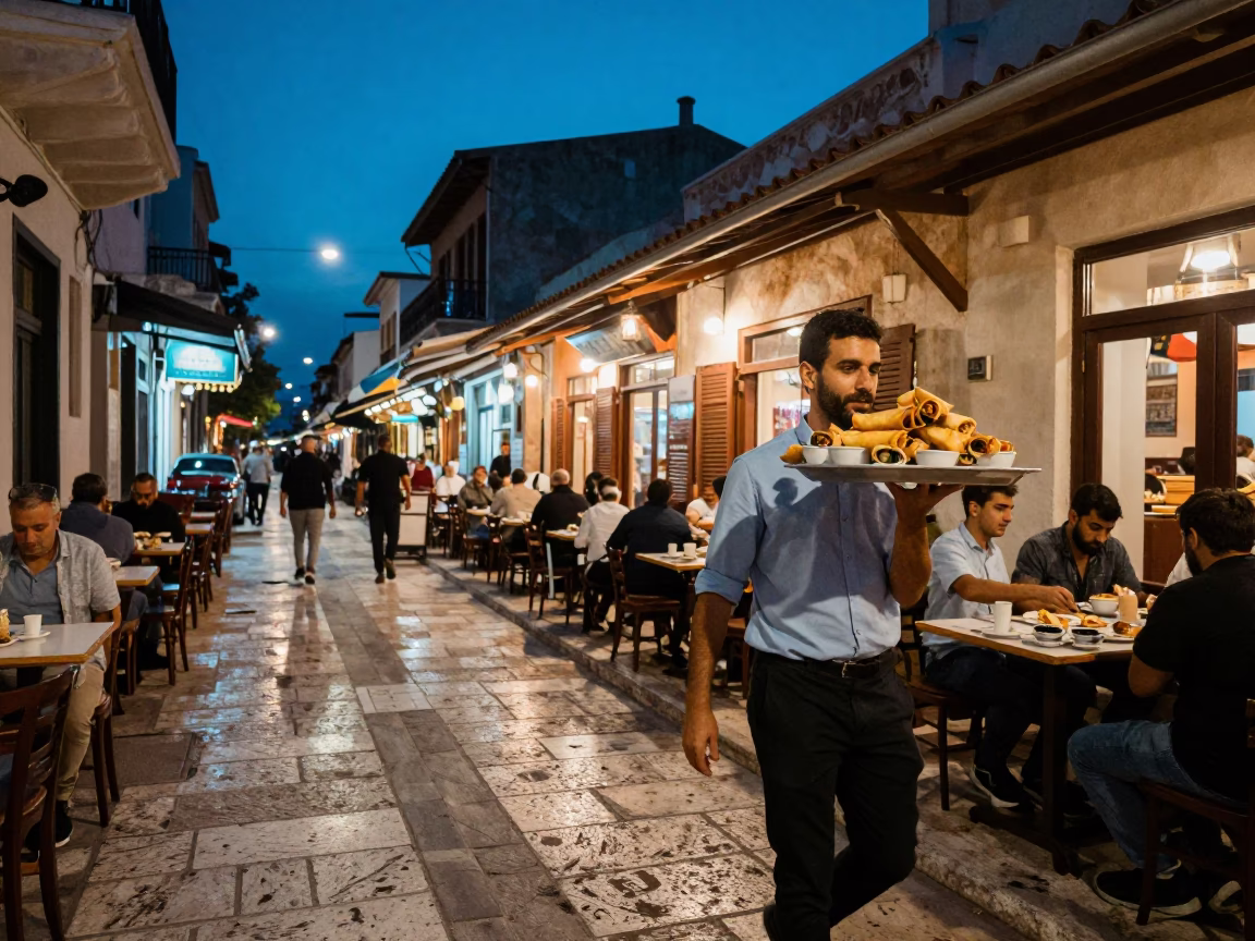 Twilight Street Scene in Athens Greece with Traditional Food and Urban Architecture in in Athens, Greece