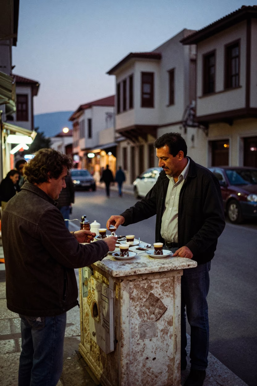 Twilight Street Scene in Athens Greece with Turkish Coffee and Stone Architecture in in Athens, Greece